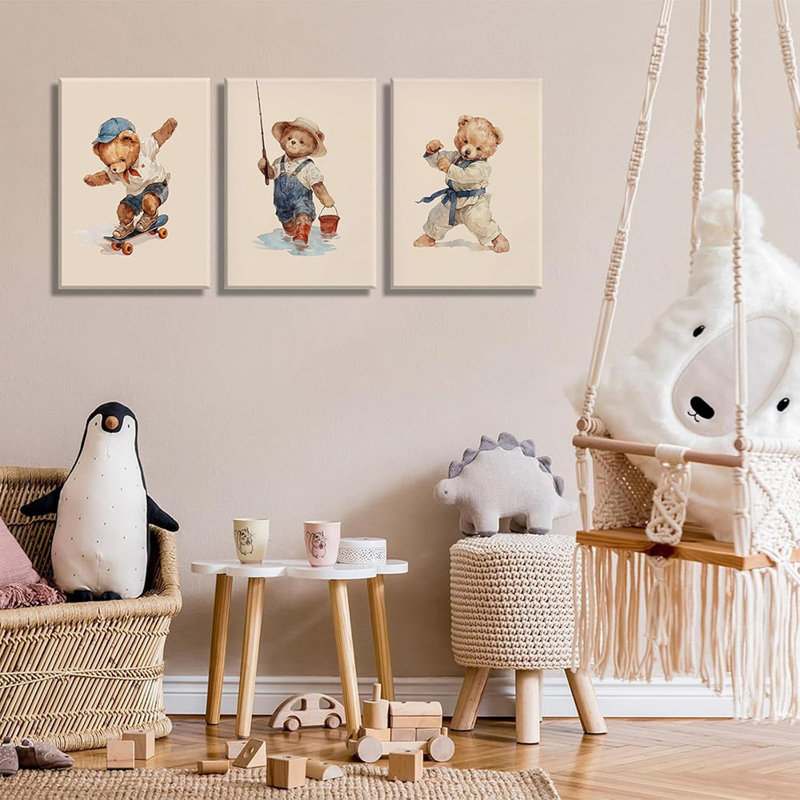 3 Pcs Nursery Teddy Bear Wall Art Kindergarten Skateboard Karate Sports Wall Decor Poster Print Cute Funny Animal Painting Pictures For Kids Bedroom Room
