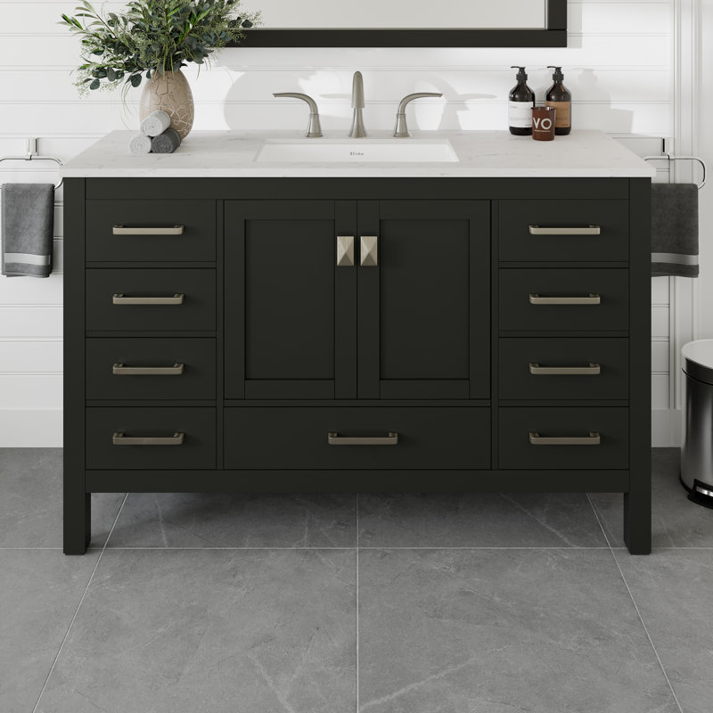 Meuble-lavabo espresso l 54 po x P 22 po avec comptoir en quartz de Carrare blanc et lavabo en porcelaine encastré Minnich