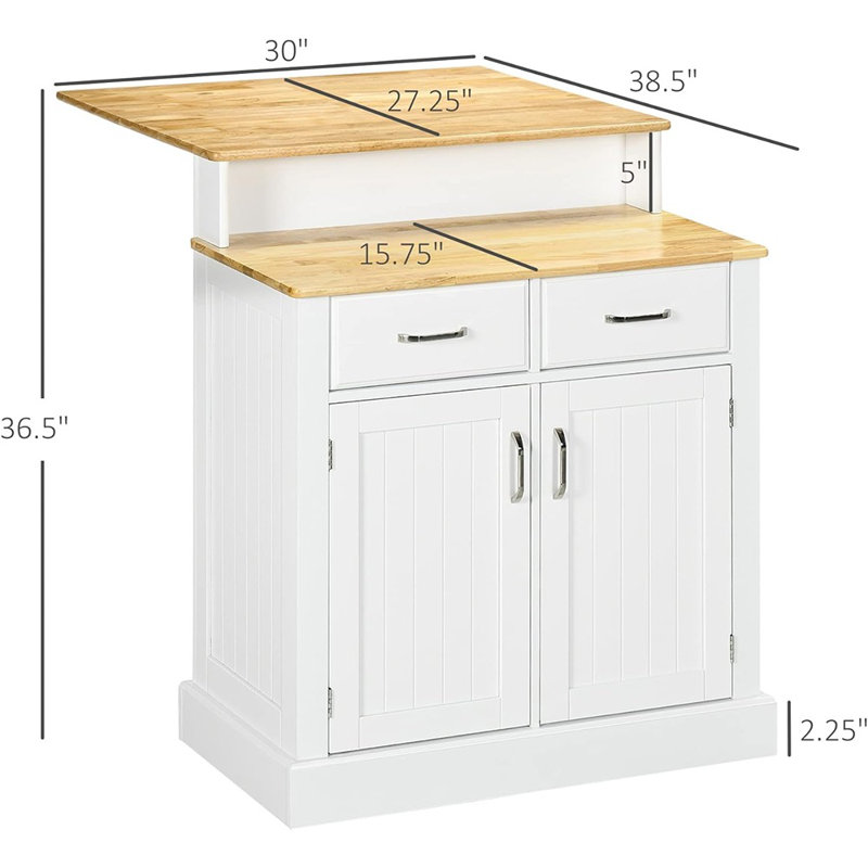 White and Light Brown Rubber Wood Kitchen Island with Storage Cabinet