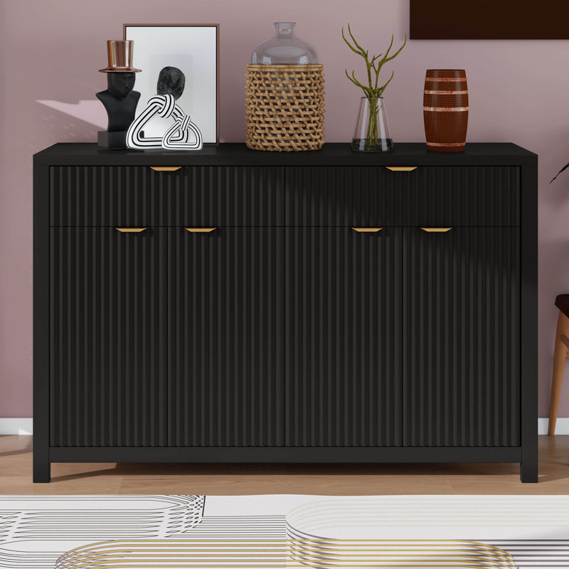 Modern Wave-Pattern Sideboard Cabinet With 2 Drawers And 4 Doors, 3-Level Adjustable Shelves, Black