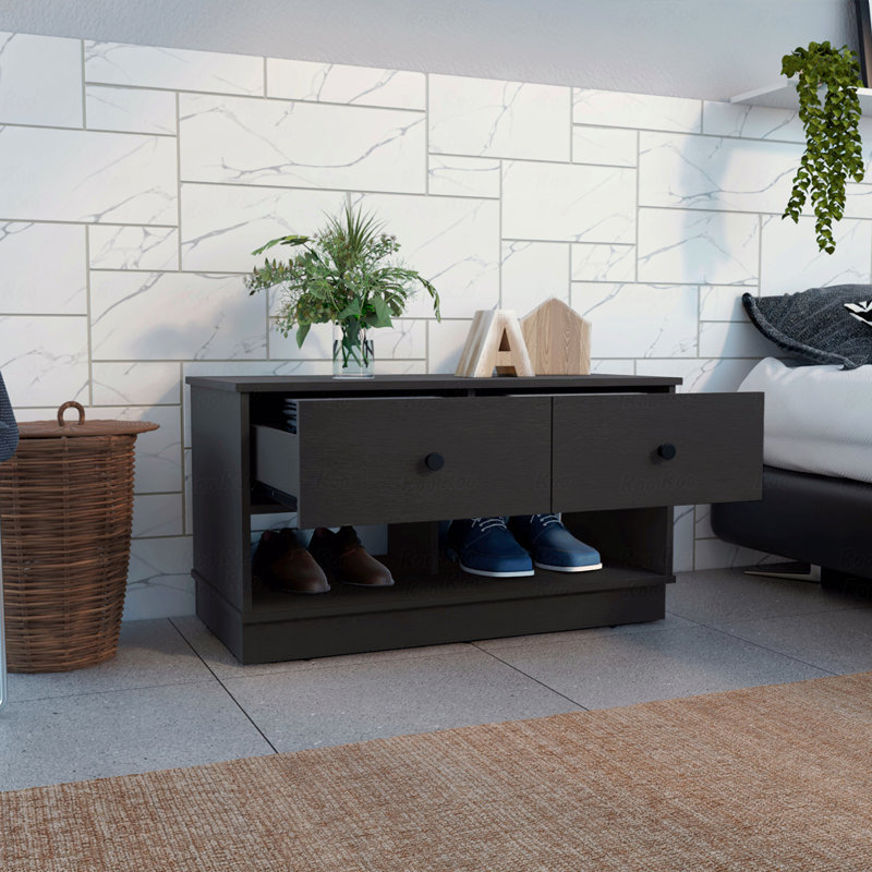 Storage Bench, Two Open Shelves, Two Drawers, Black