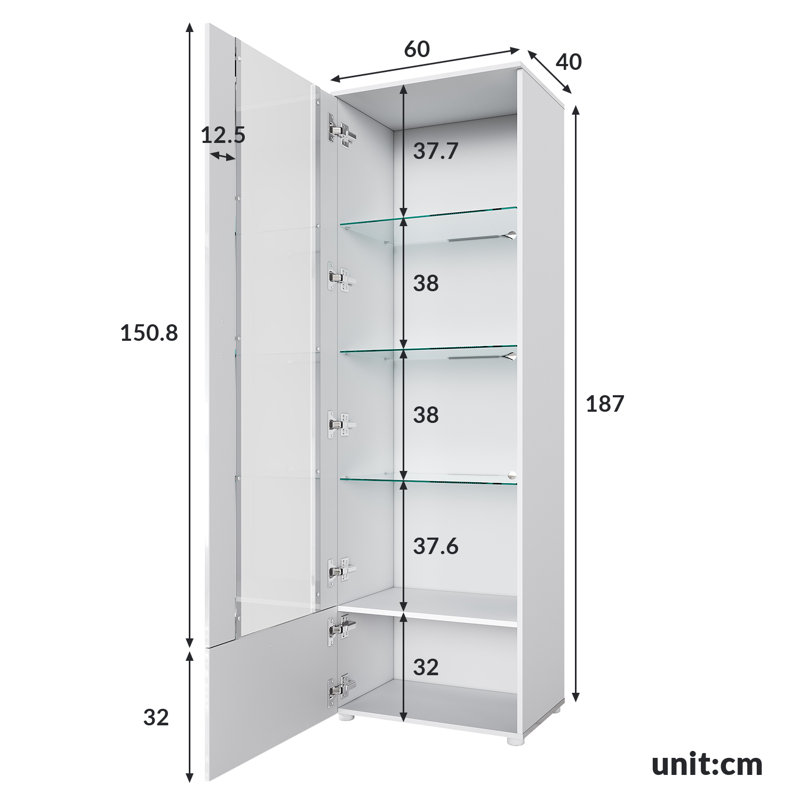 187*60*40cm High Display Cabinet with RGB Colour Changing Multi-Tier Storage, White