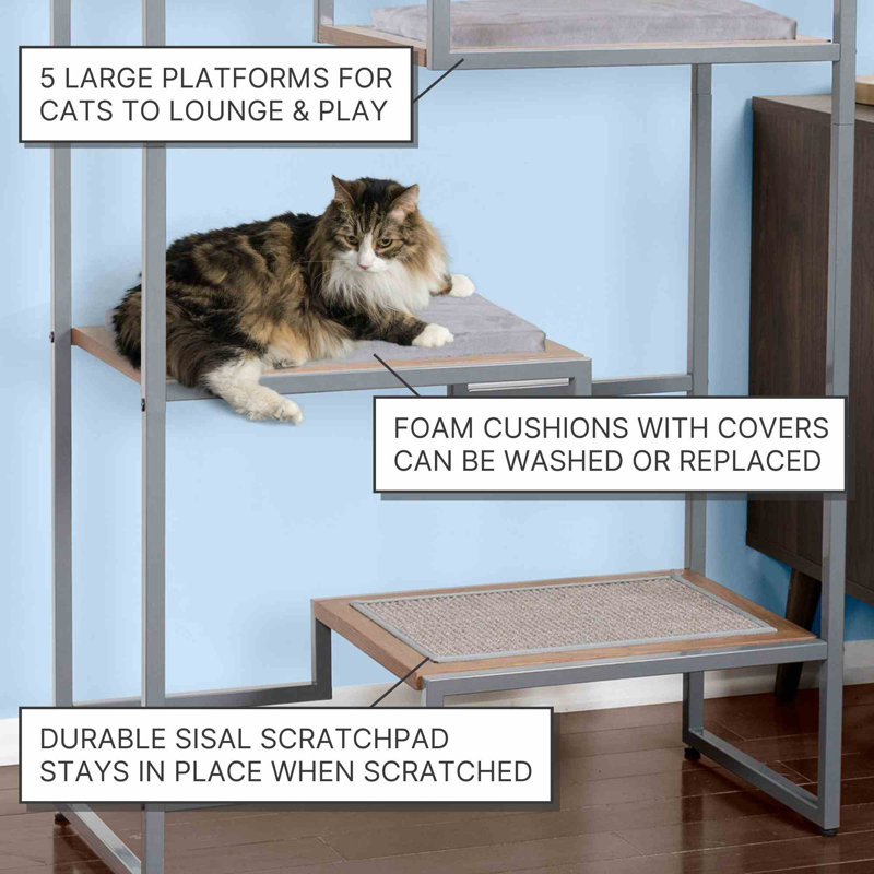 62" Metropolitan Cat Condo - Metal Frame Multi-Level Cat Tower, Scratching Post, Replaceable Parts, Gray/Walnut
