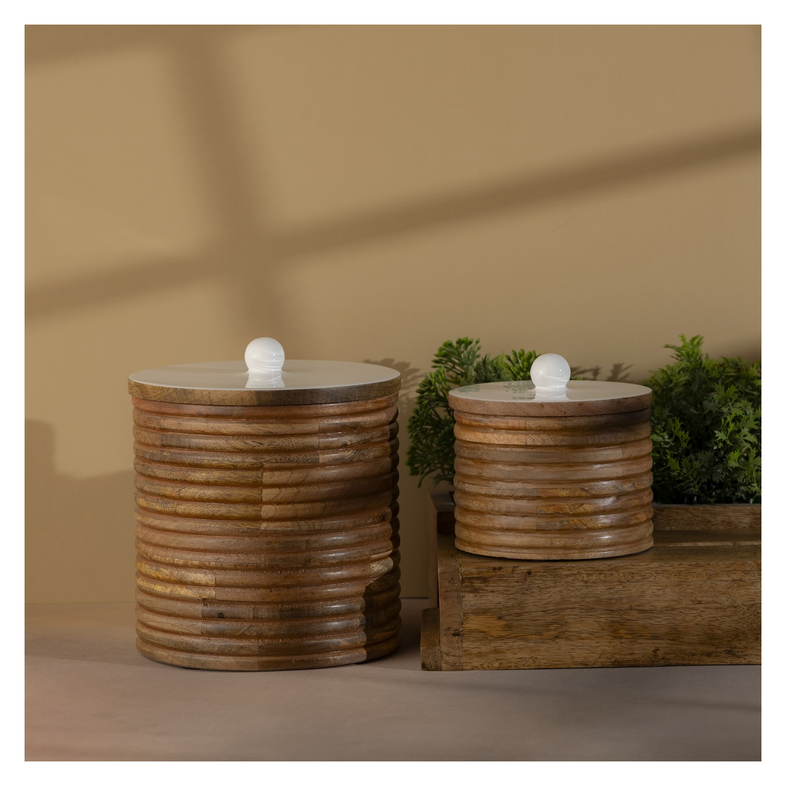 Mango Wood Canisters Set Of 2, Brown