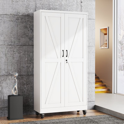 Armoire de rangement de garage moderne en métal verrouillable de 187 cm (73,6 po) de hauteur, avec roulettes et 5 étagères réglables, blanche, pour usages multiples.