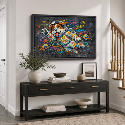 Astronaut Puppy Graffiti Space Artwork, Kids Room Pictures, Framed Canvas Giclee Print Wall Art