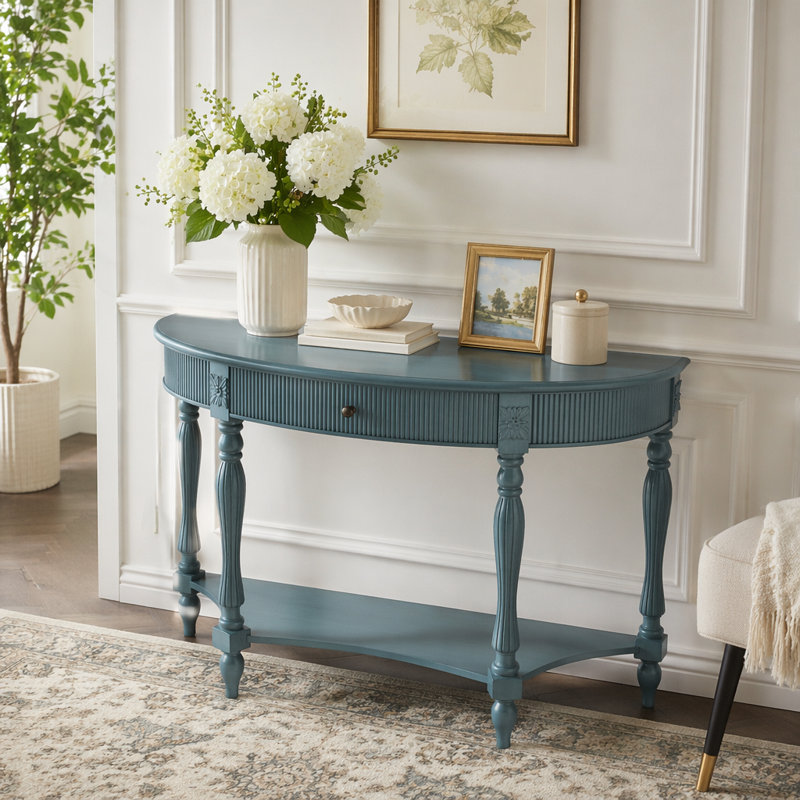 Console demi-lune en bois massif avec tiroir et tablette, Antique Blue