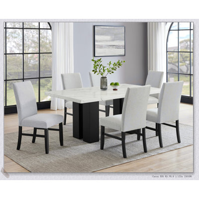 5pc Dining Set with White Rectangular Marble-like Tabletop, Dark-finished Base, and Upholstered Chairs for Modern Elegance