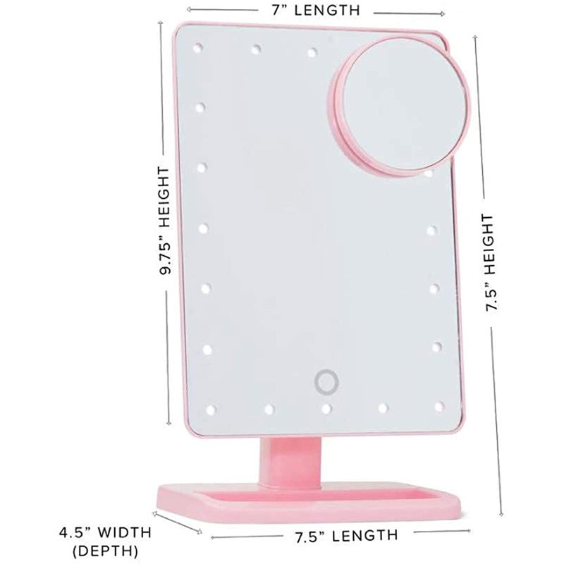 Miroir de maquillage tactile à DEL à intensité variable avec aspiration 5X et 360 degrés, Rose