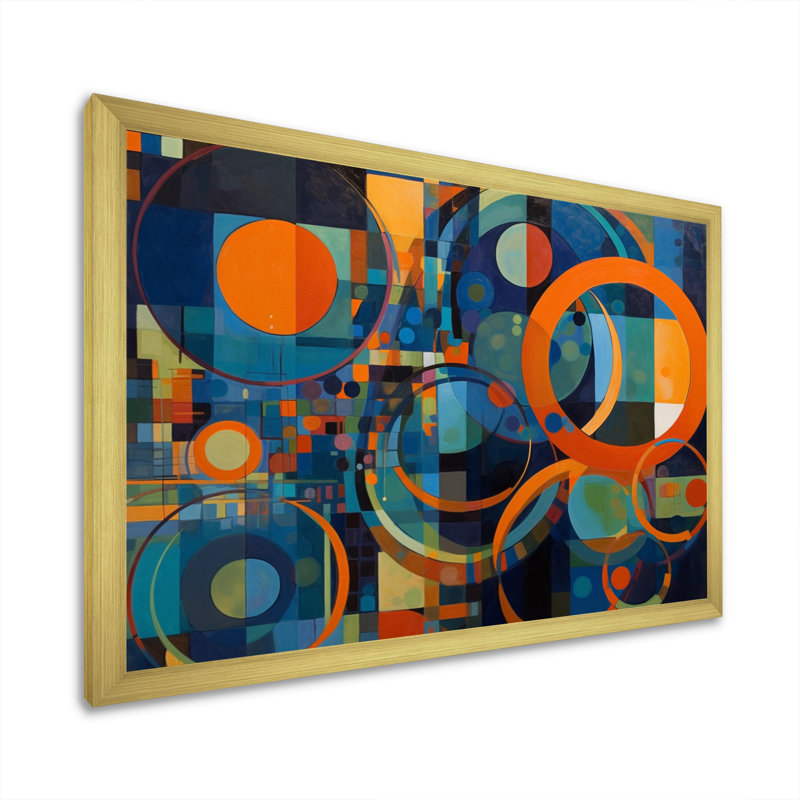 «Orange Blue Geometrie Unleashed II - Abstract Shapes», art mural, H 16 po x l 32 po x P 1 po, Cadre photo doré simple