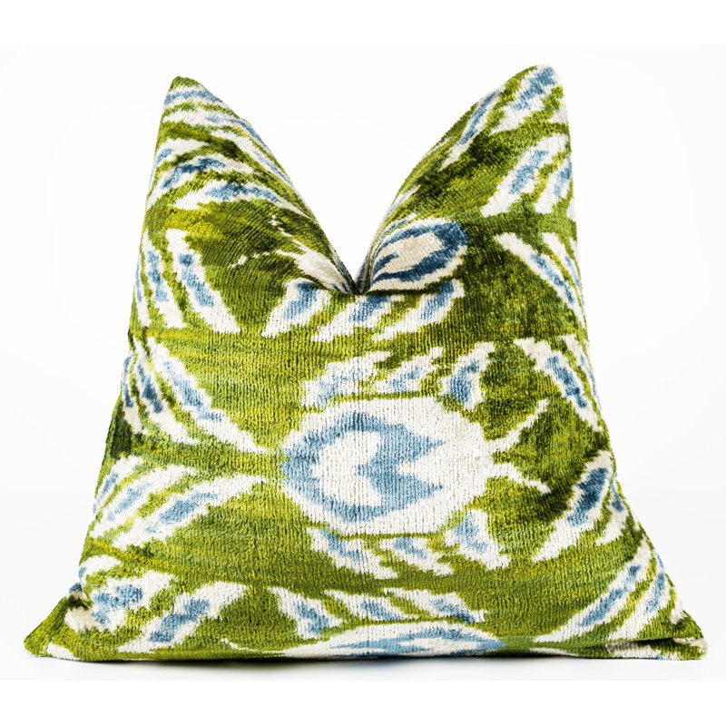 Handmade 16X16 Velvet Throw Pillow – Green, Blue, And White Ikat Pattern With Down Insert For Boho-Chic Deco