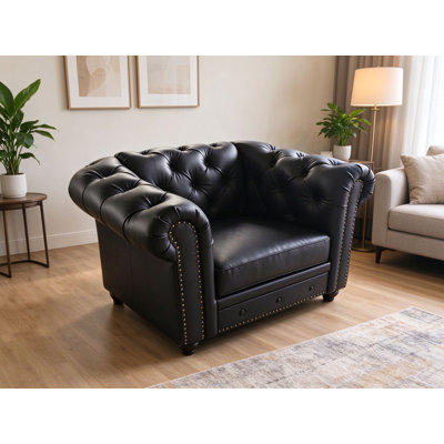 Fauteuil d'appoint classique en similicuir Chesterfield, dossier capitonné, accoudoirs roulés, garniture cloutée, fauteuil club simple pour salon, chambre à coucher, bureau