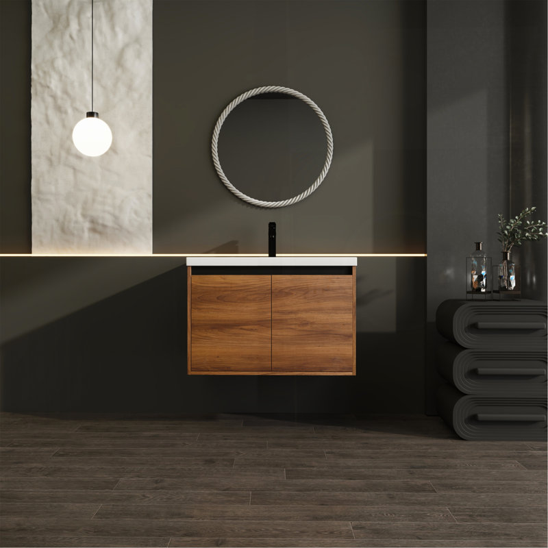 Brown 30 Inch Bathroom Vanity With Resin Countertop Sink,  2 Doors Bathroom Cabinet Set, 30'', Brown