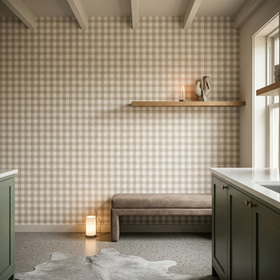 Double rouleau de papier peint à carreaux amovible beige Gingham