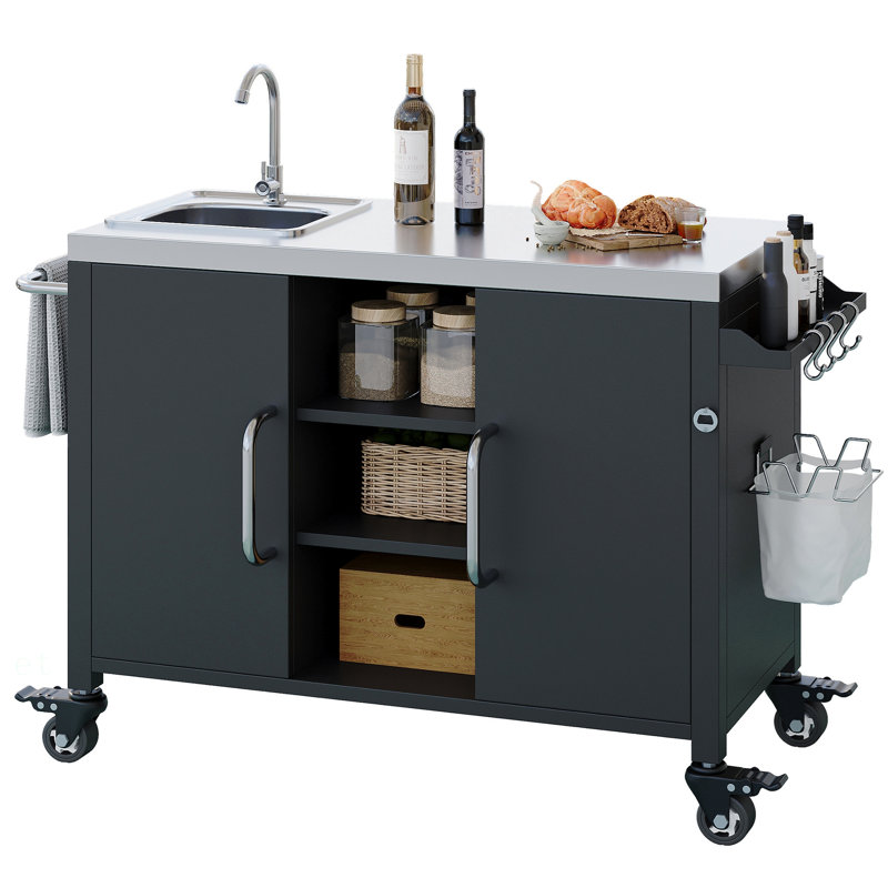 55.5" Outdoor Kitchen Island with Sink, Metal Grill Cart Table with 304 Stainless Steel Sink, Outdoor Bar Cart Sink Station with 4 Lockable Wheels for Pizza Prep & BBQ, L 55.5" x W 20" H 36.7"