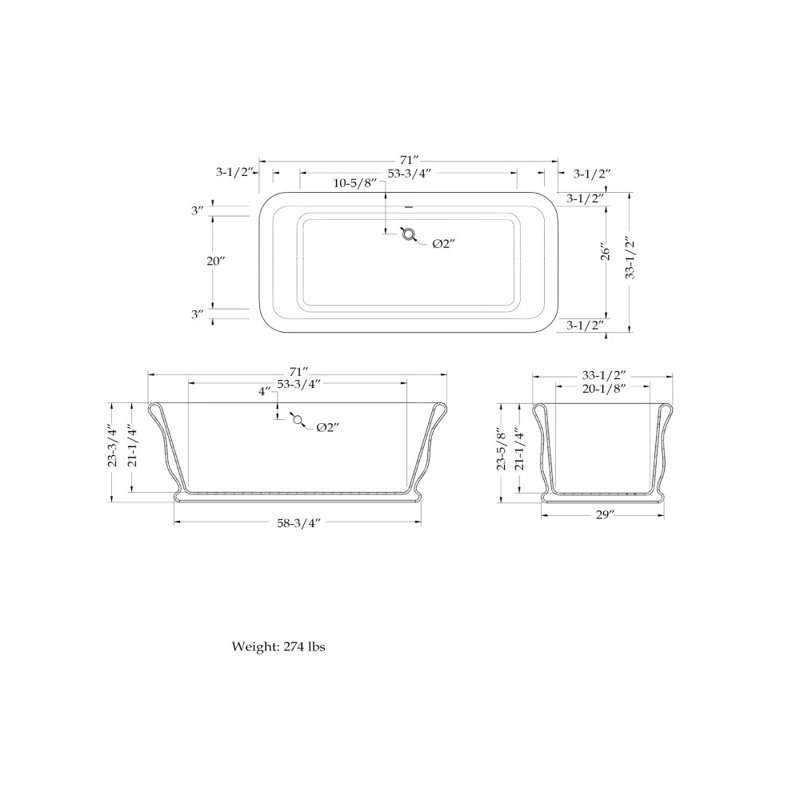 71'' x 31.5'' Soaking Solid Surface Bathtub, Gloss White