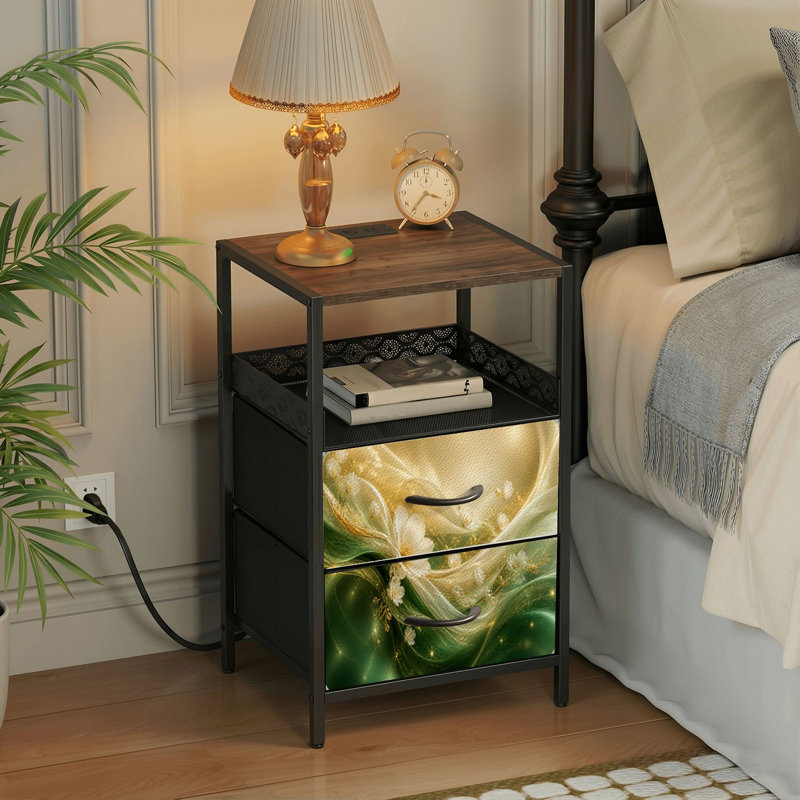 Table de chevet 2 tiroirs avec station de charge, table de chevet avec ports USB, tablette ouverte noire
