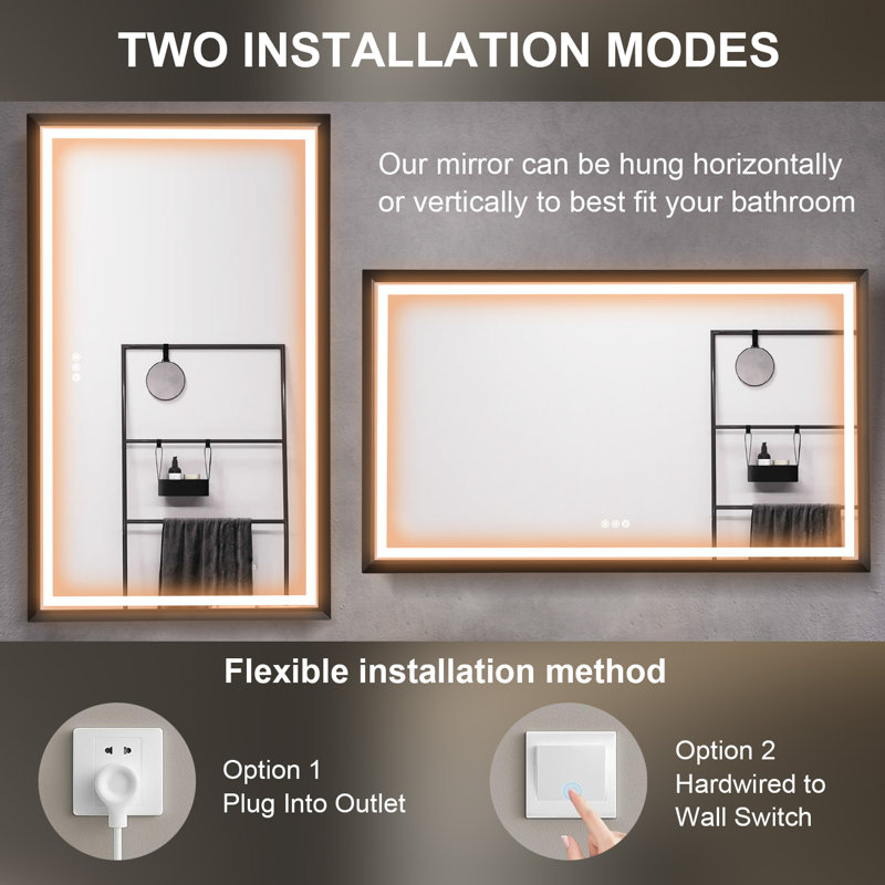 Matte Black Aluminium Framed Led Bathroom Mirror,wall Mounted Lighted Vanity Mirror, 36'' x 60''