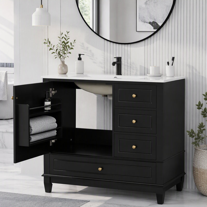 Meuble-lavabo 36 po avec lavabo en céramique et beaucoup de rangement, Noir, 36