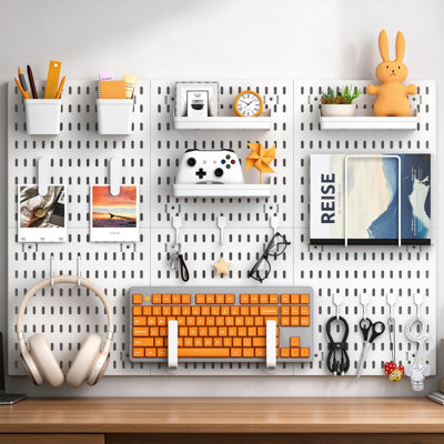 Pegboard Wall Organiser, Total Size 24” x 36”, 6-Pack White Plastic Pegboard Panels with Accessories, Wall Storage for Craft Room, Office, Kitchen & Gaming Room