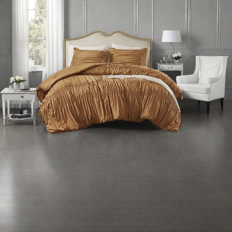 Ensembles de literie luxueux en microfibre brune, grand, avec motif froncé romantique