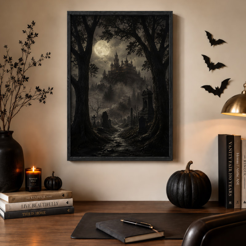 Impression sur toile, "Gothic Castle on Hill with Full Moon And Misty Halloween", 48"H x 32"W