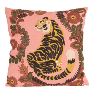 Coussin brodé en coton tigré et fleurs