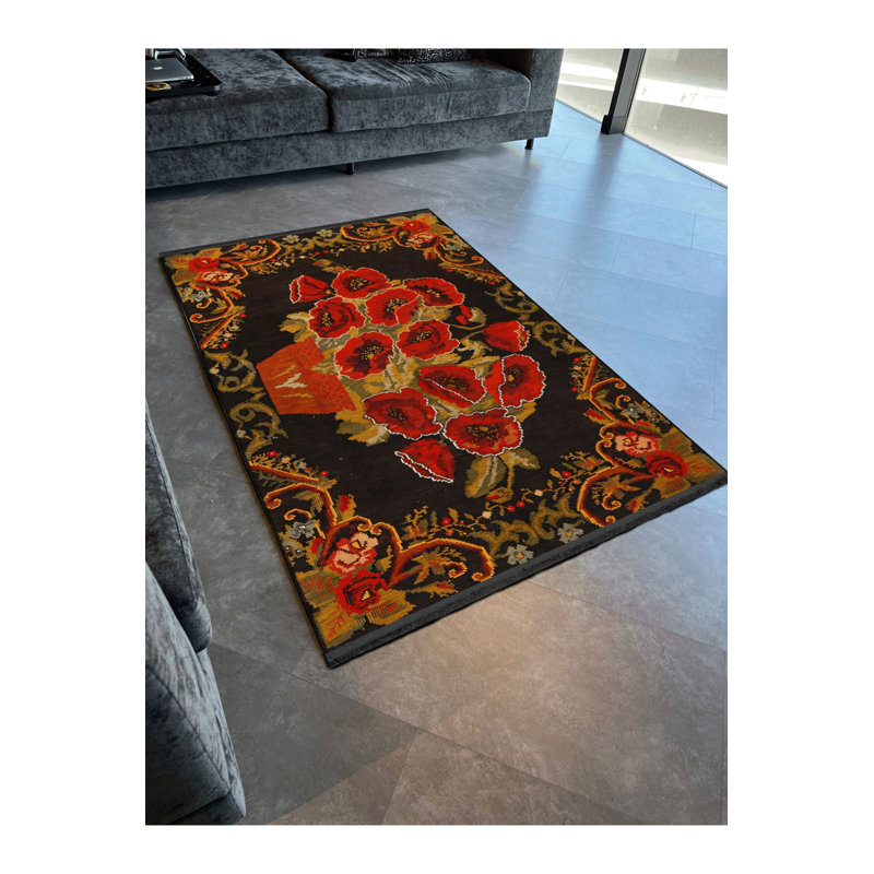 Tapis décoratif moderne à motif floral noir et rose, Tapis de couloir 2 pi 6 po x 6 pi 7 po inclus