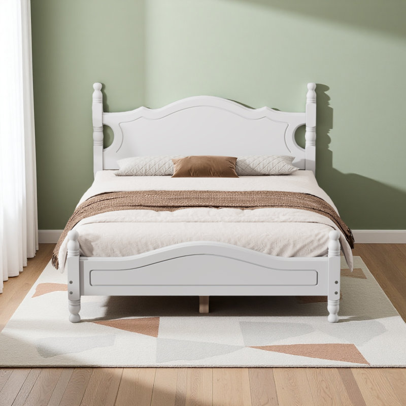 Structure de lit double en bois pleine grandeur, lit plateforme de style rétro avec support en lattes de bois, Lit double