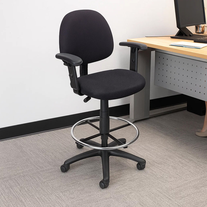 Jea Drafting Stool Chair, Adjustable Arms, Black Tweed, Round Footring, Black