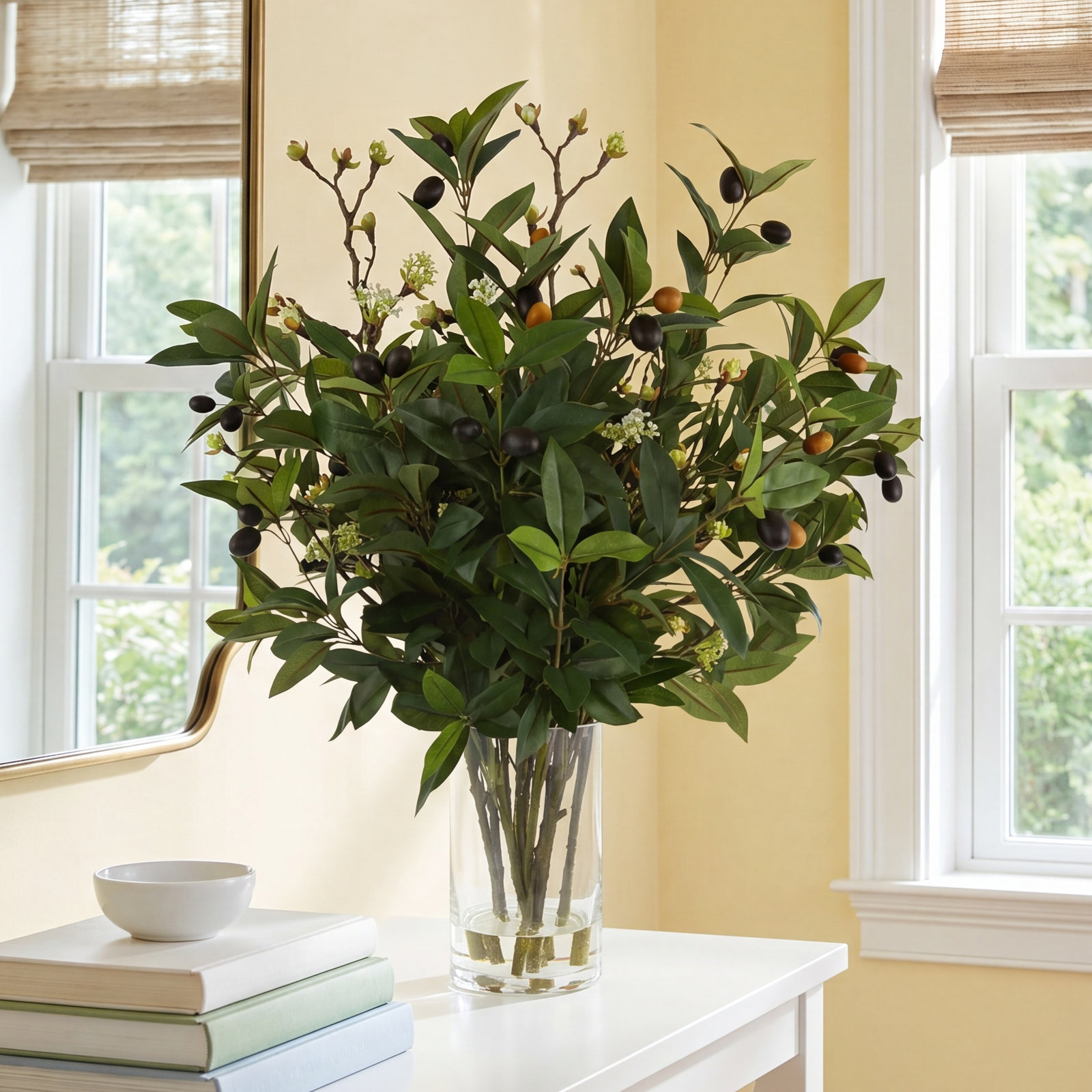 Olive Branches mixed with Blossoms Arranged in Glass Vase