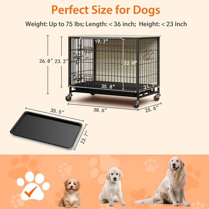 Meuble de cage pour chien moderne avec roulettes - grand et moyen chenil d'intérieur de 38,6 po - portes doubles, plateau amovible, structure en métal résistant au masticage, table de bout, gris pin et noir