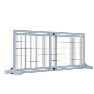 Barrière pour animaux réglable pour usage intérieur, largeur réglable de 104 à 180 cm, hauteur de 69 cm, cadre en pin, coloris bleu-gris.