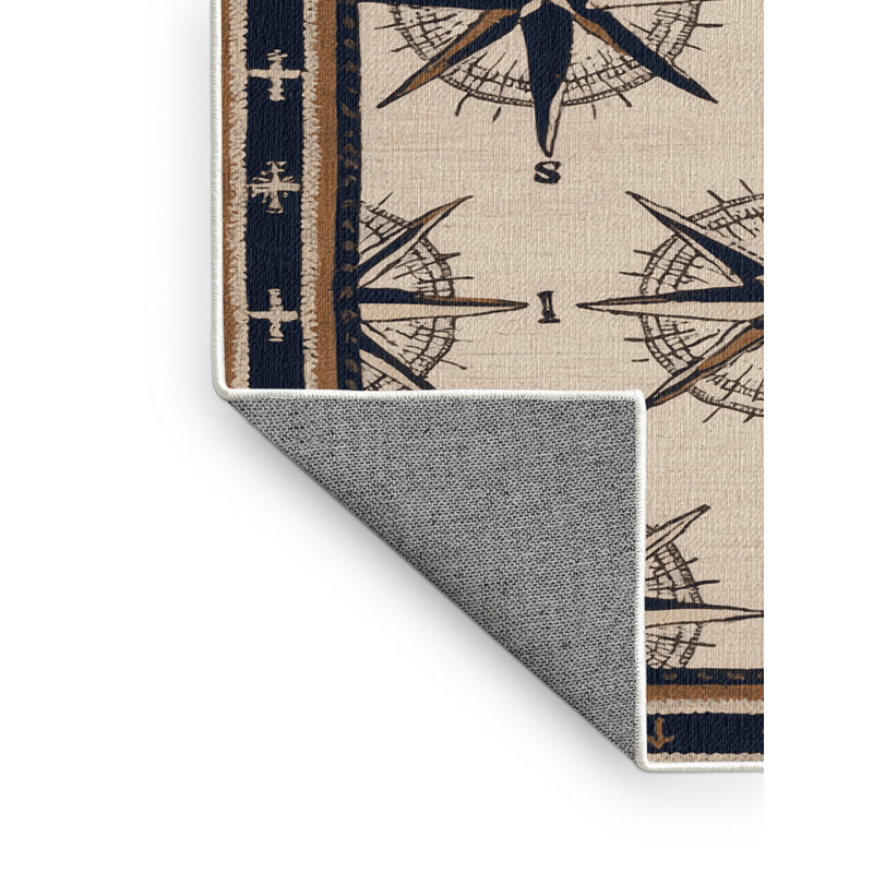 Washable Compass Designs Nautical Area Rug, Round 4'