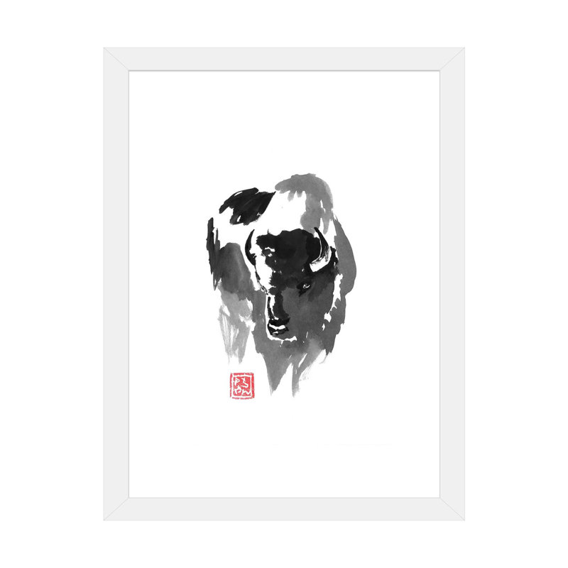 Buffle par Péchane - impression d'art graphique, Papier encadré blanc, H 24 po x l 16 po x P 1 po, Blanc