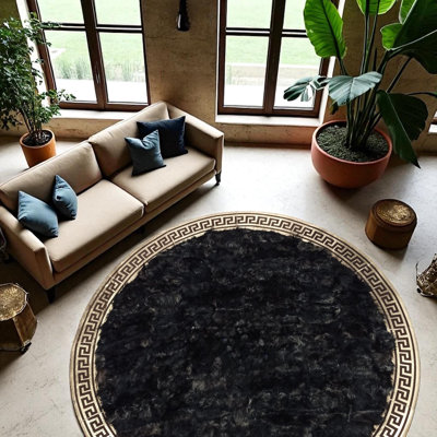 Black Round Tuscan Rug, Handmade Natural Living Room Carpet