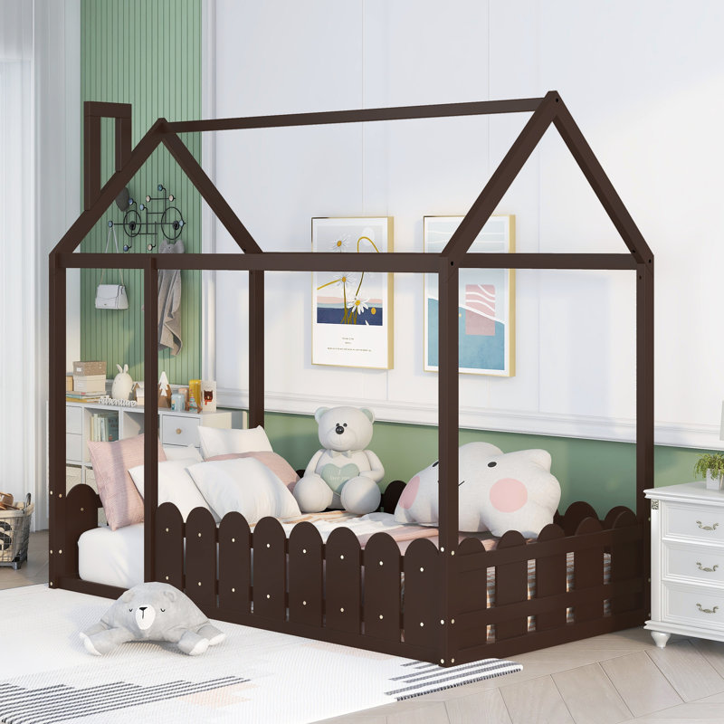 Chesterfield Wooden Floor House Bed Frame with Safety Fence, Espresso, Twin