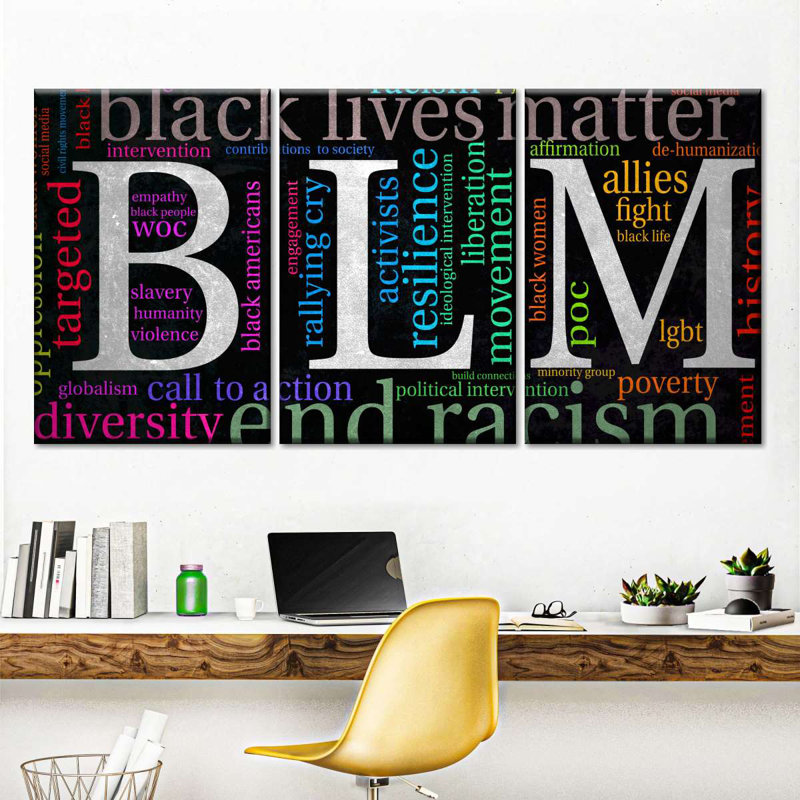 Ensemble de 3 pièces sur toile BLM Word Cloud, H 27 po x l 56 po x P 1,25 po