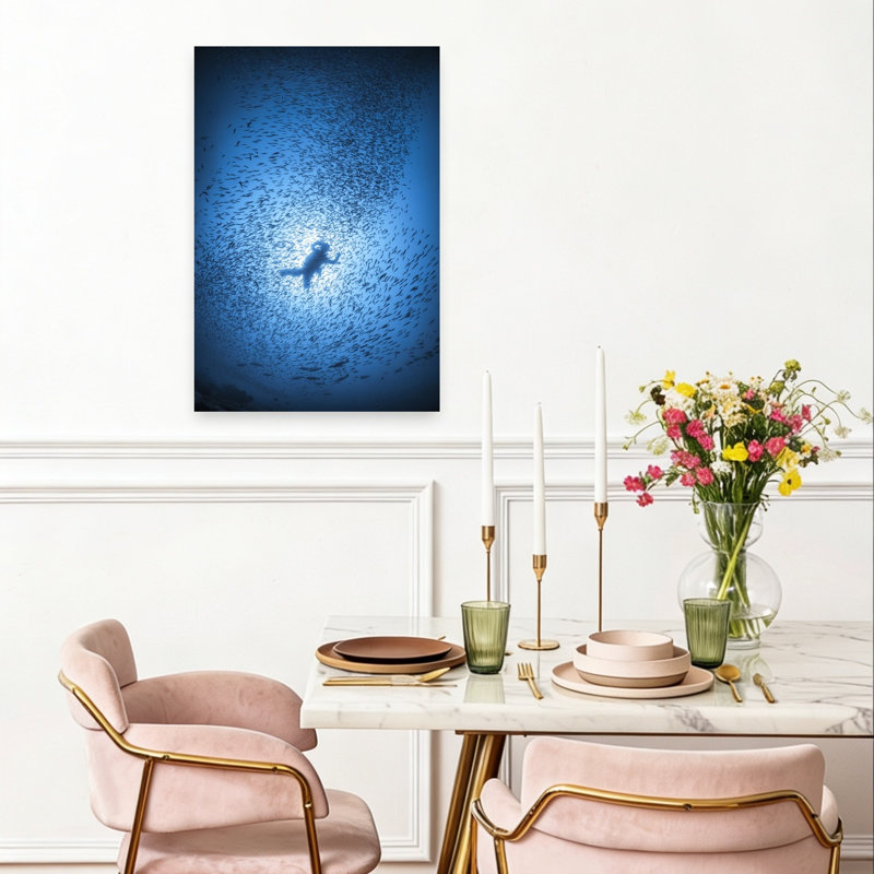 Diver Among Fish Serene Tranquil Abstract Fish Ocean Architecture Wall Art Print 1 Piece Wrapped Canvas Wall Art