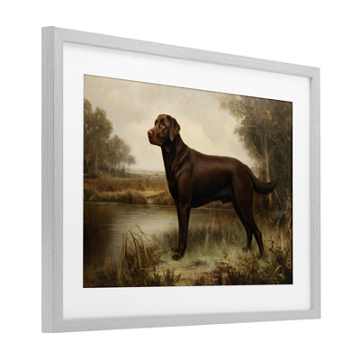 Brown Lab By The River Framed Print Under Glass, design by Petal Prints Design