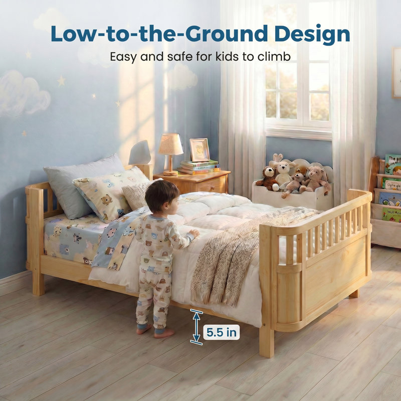 Low Profile Kids Platform Bed with Safety Rails, Removable Guardrail Toddler Bed Frame, Wood Slat Support, Natural, Twin
