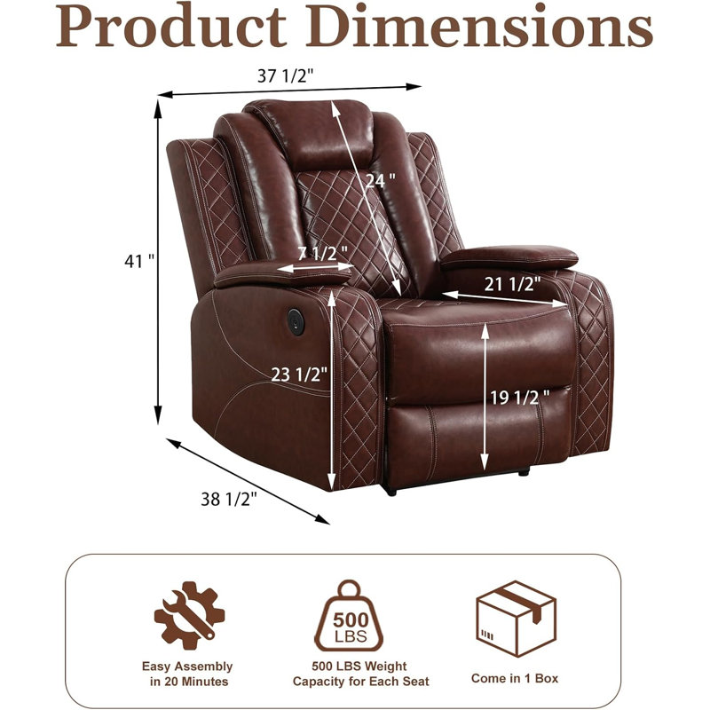 Fauteuil inclinable électrique Dillard 37,5 po avec rangement dissimulé dans l'accoudoir, éclairage DEL bleu et port USB