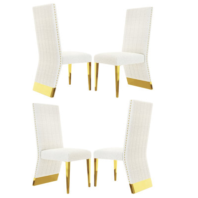 Ensemble de 4 chaises de salle à manger en velours blanc et doré avec pieds en métal doré poli