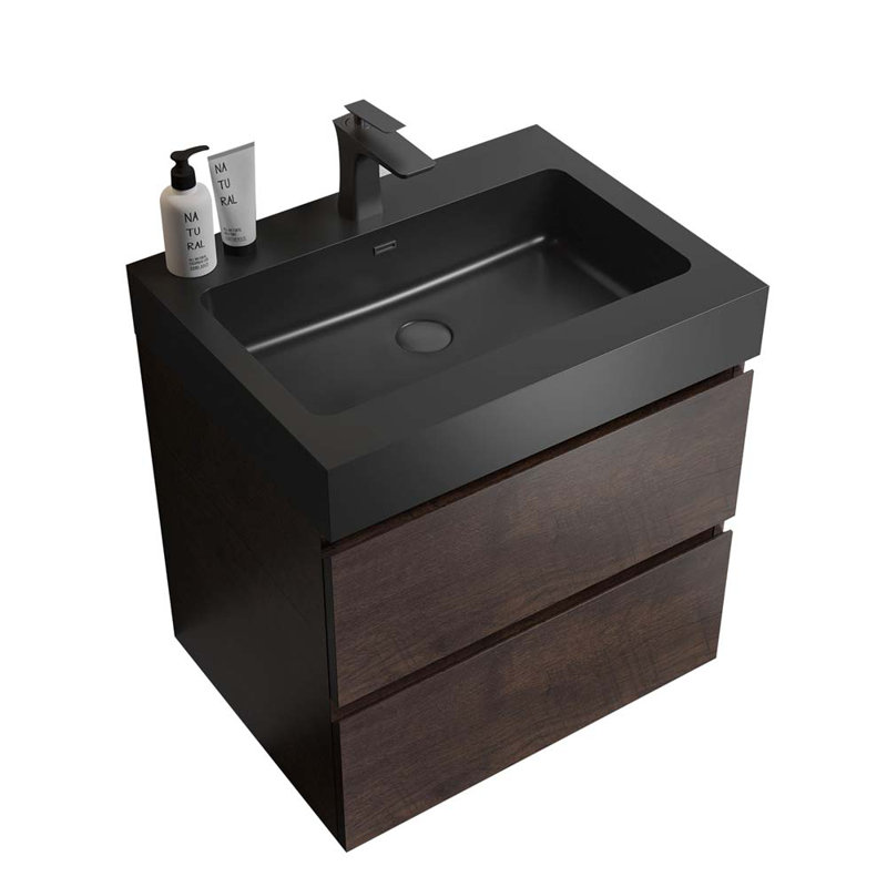 Meuble-lavabo mural simple 24 po avec lavabo, Noyer / Noir