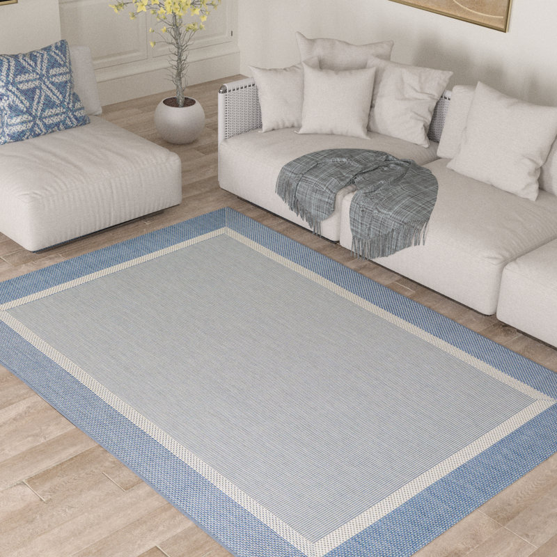 Tapis intérieur / extérieur bleu tissé à plat Alysha, Rectangle 7 pi 6 po x 10 pi 9 po, Ivoire / bleu