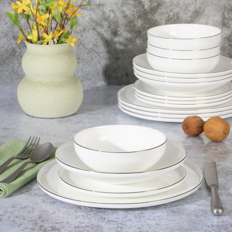 White Porcelain 16-Piece Minimalist Dinnerware Set with Gold Rim