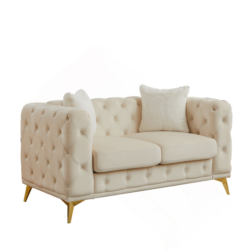 61.25-Inch Modern Luxury Velvet Sofa With Chesterfield Button Tufting And Metal Legs, Includes Two Decorative Pillows., Beige