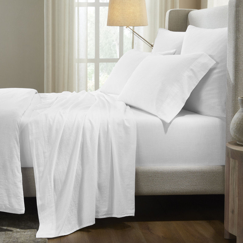 Chloe 100% Cotton Linen Texture Vintage Wash Solid Deep Pocket Percale Sheet Set, Queen Sheet Set, White