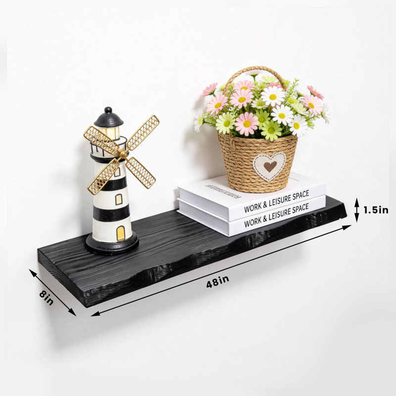 Tablette flottante en bois massif de 48 pouces, tablette murale rustique Live Edge avec supports cachés, tablette en bois de 8 po de profondeur pour le salon, la salle de bain, la chambre à coucher, le rangement et la cuisine (noir)