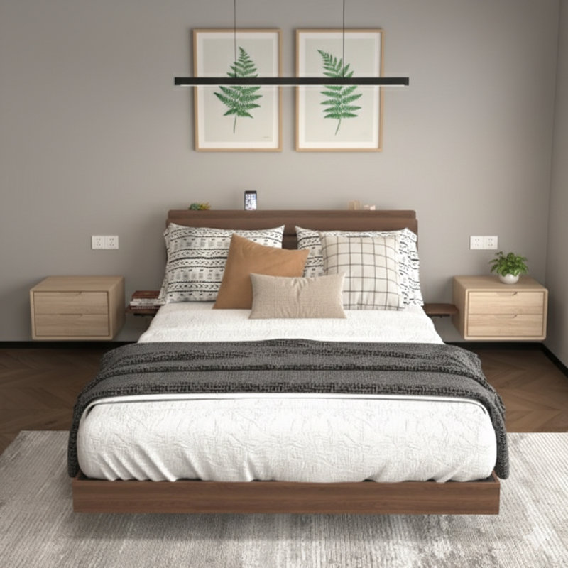 Base de lit flottante pour grand matelas, comprend des lumières DEL et une station de charge. Structure de lit en bois pour grand lit avec tête de lit, aucun sommier nécessaire, facile à assembler, finition noyer.